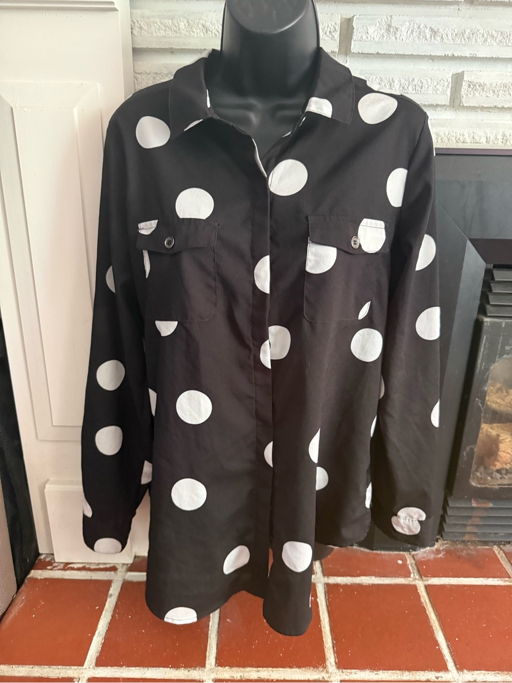 Karl Lagerfeld Black Button-Up Blouse with White Polka Dots. Size S/M
